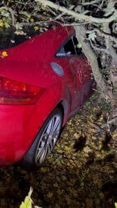 Close-up of a damaged red coupe in undergrowth after a road traffic accident