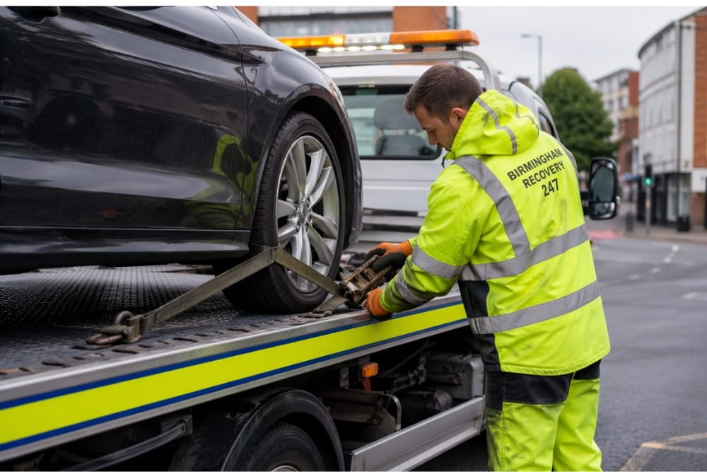 rofessional roadside team performs fast vehicle recovery for stranded black car
