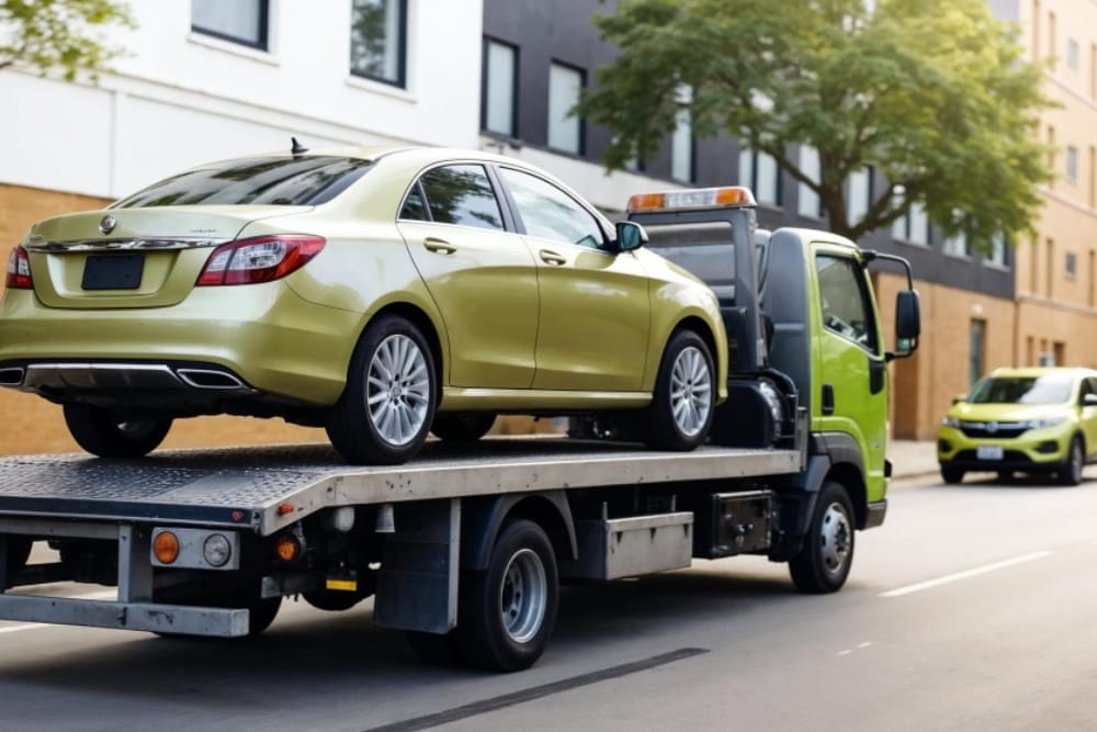 Tow truck transports a gold sedan on an urban road for breakdown recovery