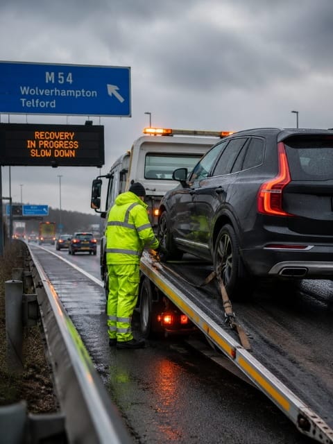 Flatbed recovery truck attending a motorway breakdown on the M54 near Wolverhampton