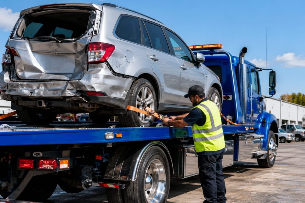 A worker secures a damaged silver SUV for scrap car collection services