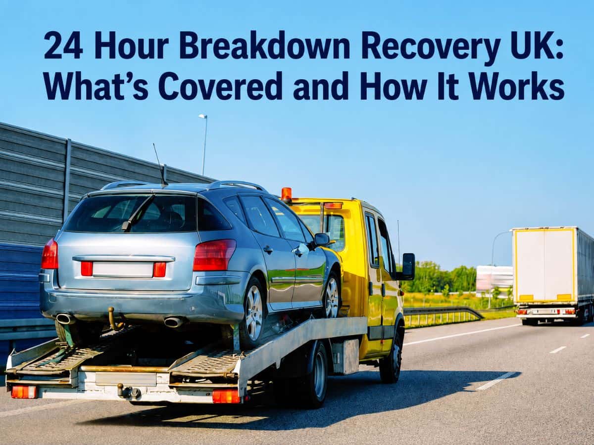 Silver estate car towed on flatbed truck for 24 hour breakdown recovery service UK