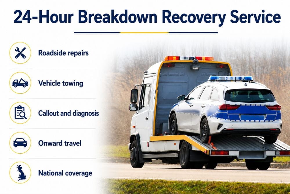 Flatbed truck transports estate car featuring 24 hour breakdown recovery services icons