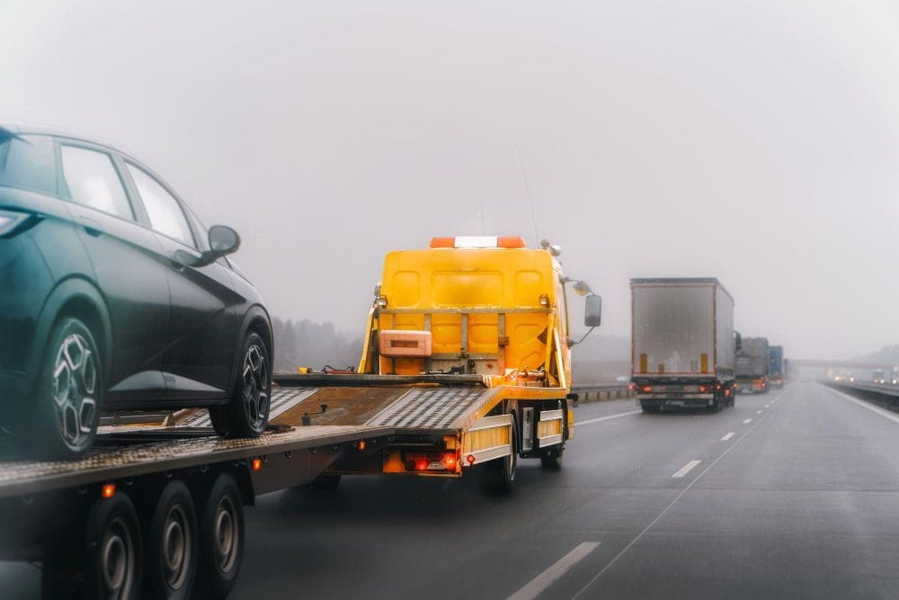 Yellow flatbed truck offers emergency breakdown recovery services in Sandwell highway