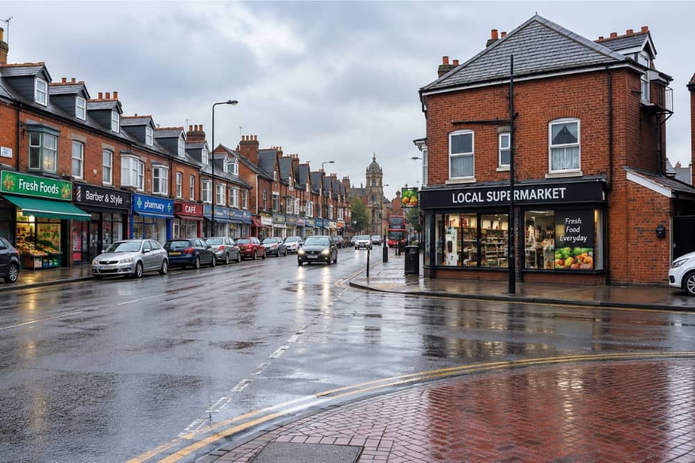 Wet high street showing local car breakdown recovery Smethwick service area shops