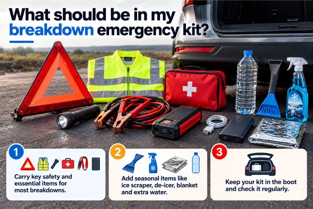 Roadside safety gear including high-vis vest, warning triangle, jumper cables, and first-aid kit