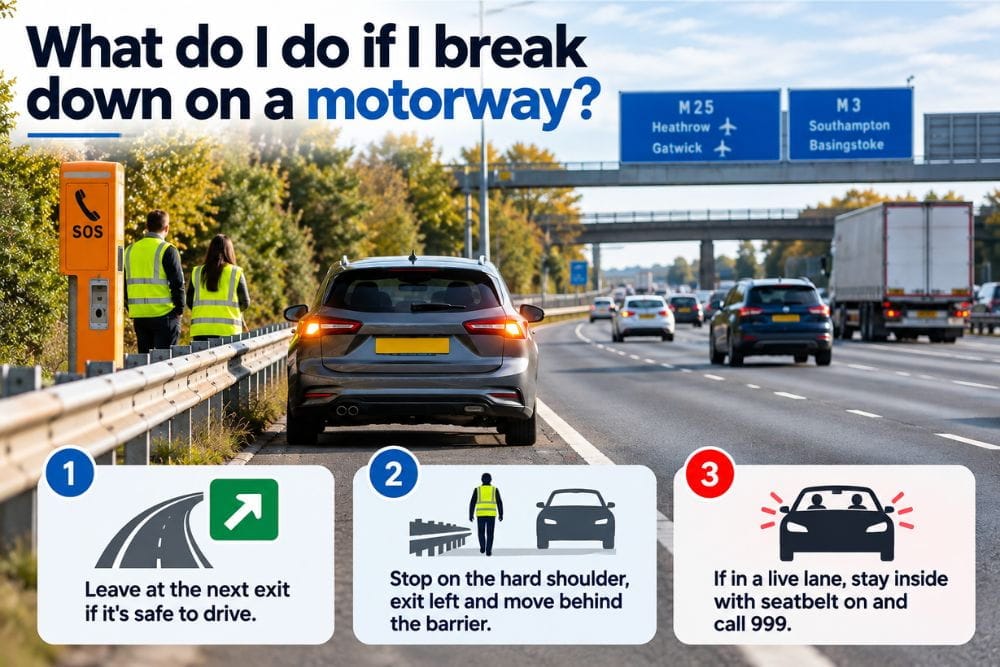 Infographic illustrating emergency steps to follow when a car breaks down on a motorway