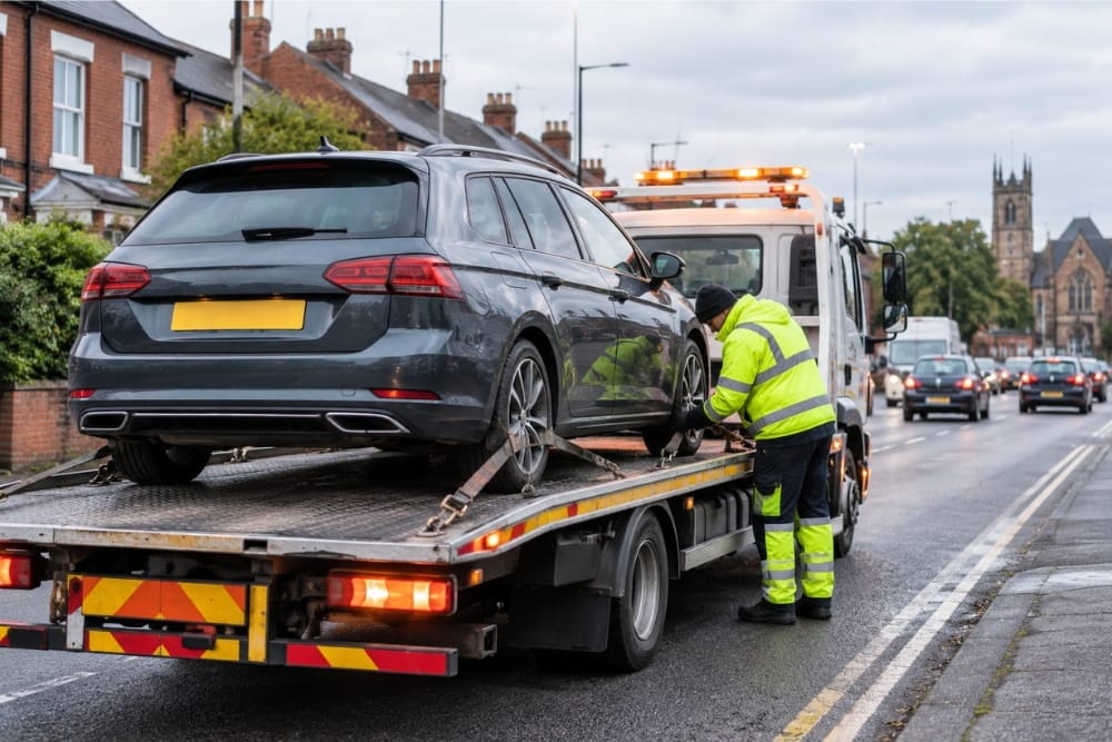 High-vis driver secures car breakdown recovery Smethwick vehicle onto flatbed truck