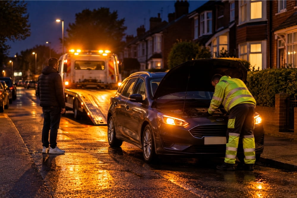 High-vis mechanic inspects car breakdown recovery Smethwick engine at night roadside