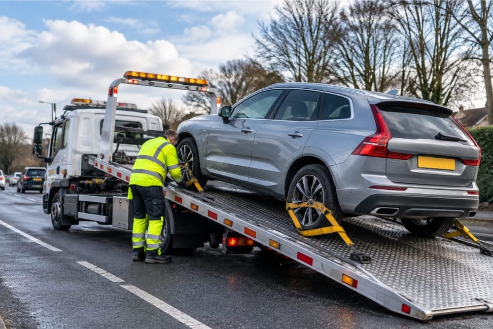 Recovery worker secures a silver SUV for car breakdown recovery Perry Barr on flatbed truck