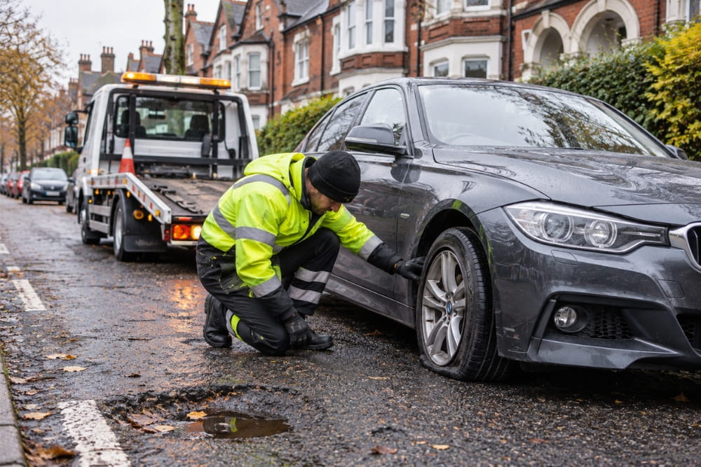 Tow truck operator provides Harborne pothole tyre damage recovery service on residential street