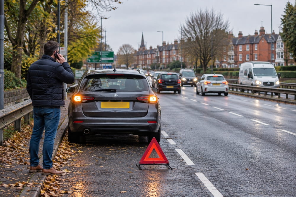 Man stands behind warning triangle practicing Harborne roadside breakdown safety near traffic