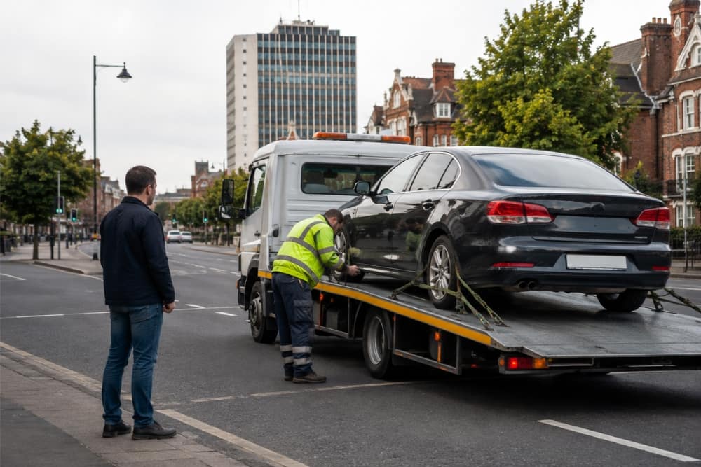 Driver observes process following call for breakdown recovery roadside towing