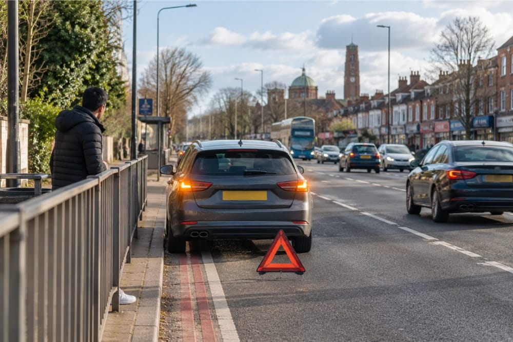 Driver waits by warning triangle during car breakdown recovery Selly Oak