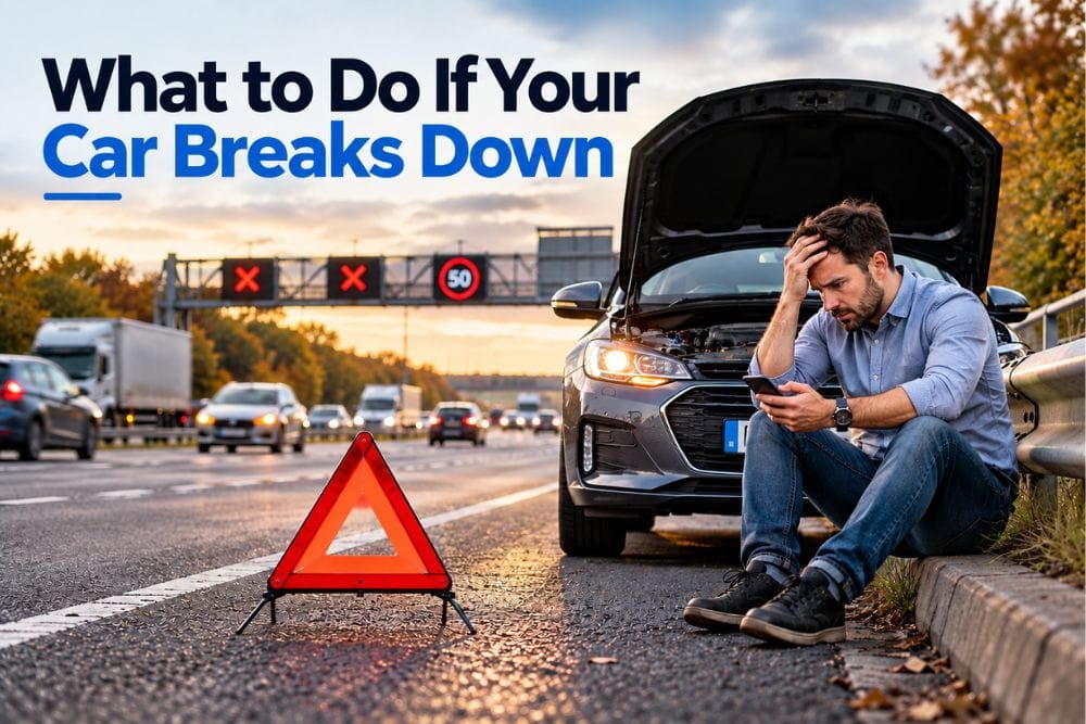 Stressed driver sits on curb near hazard triangle after car breaks down