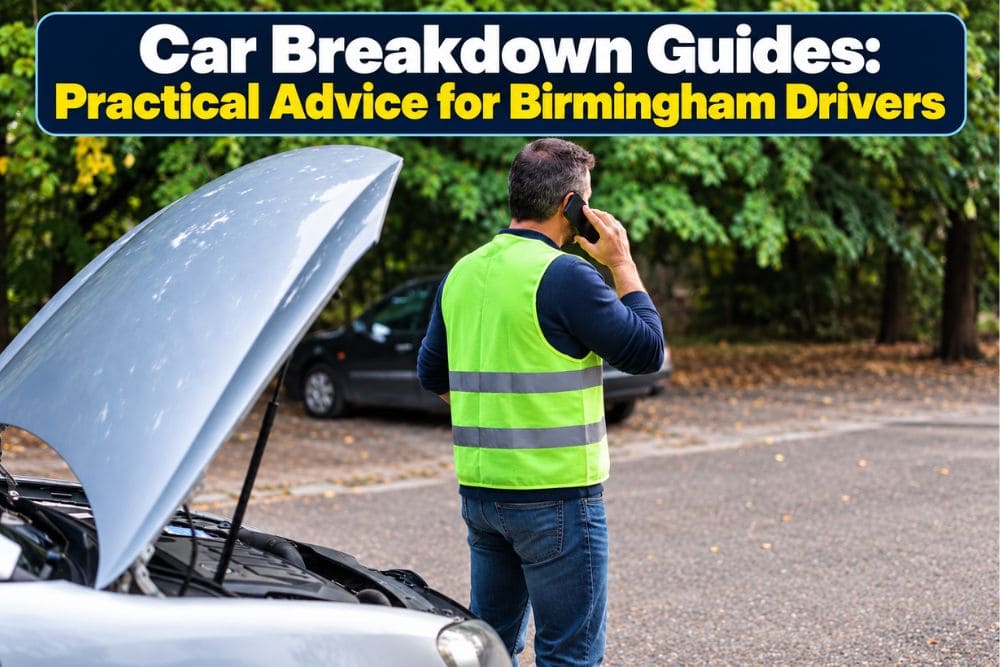 Driver contacting a recovery service beside a broken-down car on a road