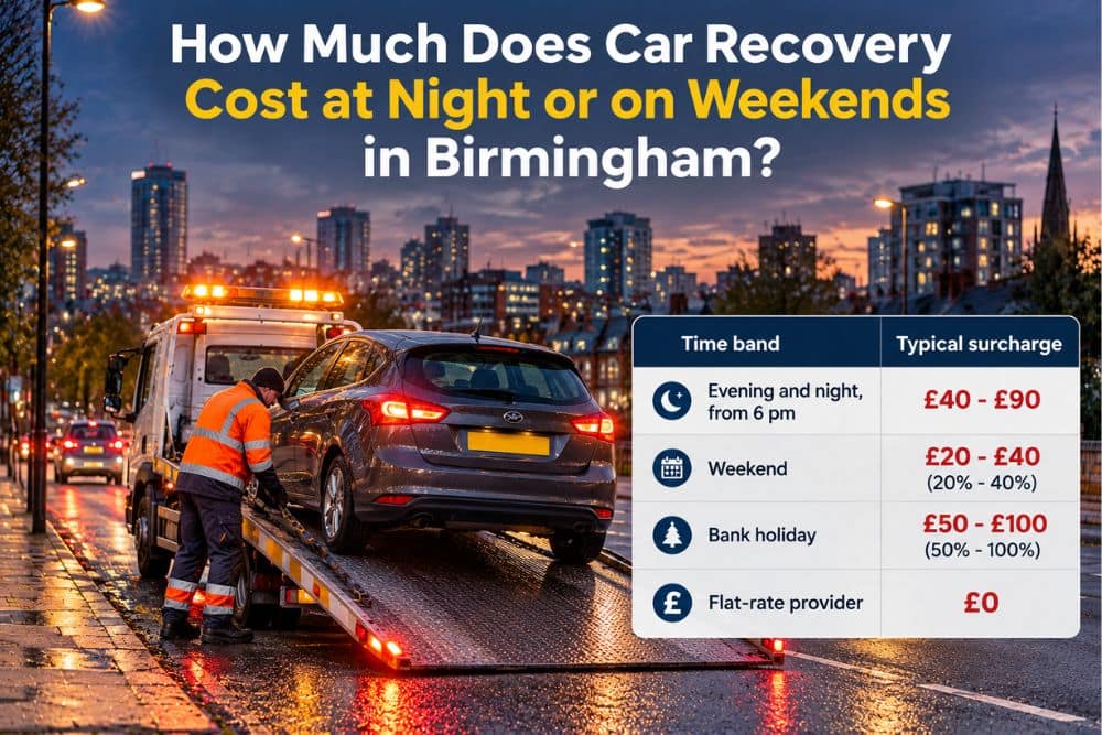 Recovery driver loads car onto flatbed tow truck during evening in Birmingham.