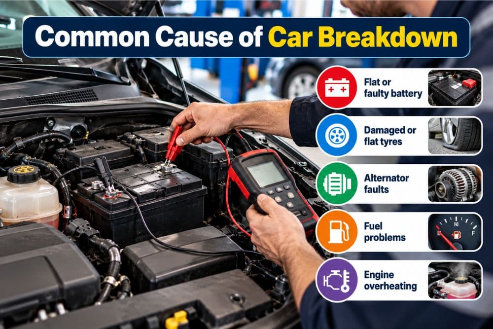 Mechanic testing a car battery alongside common breakdown causes including flat tyres, alternator faults, fuel problems and engine overheating