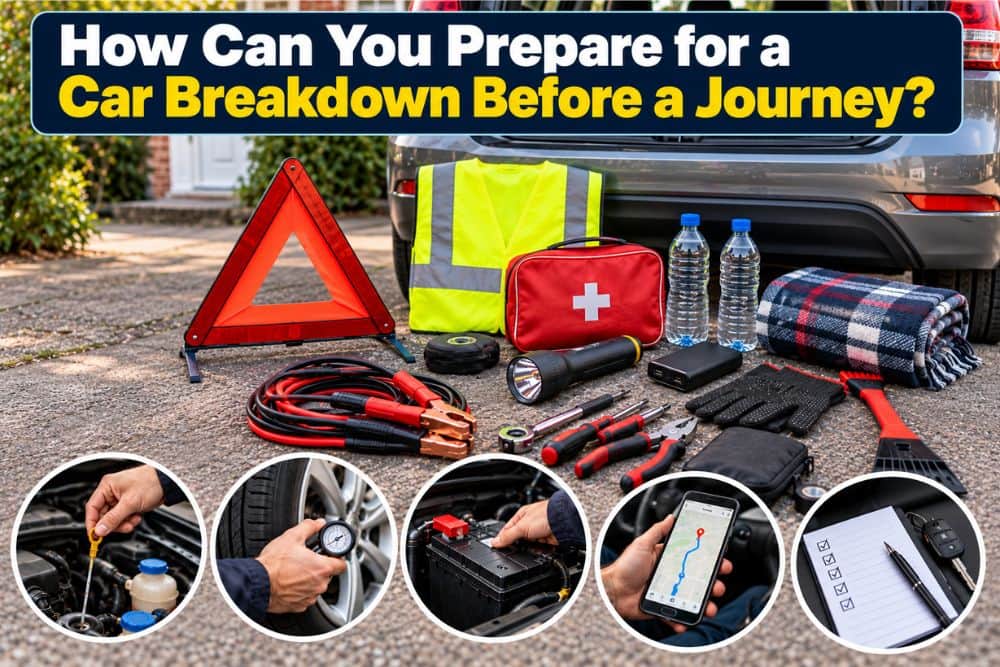 Car breakdown preparation kit with safety equipment, emergency supplies and illustrations of fluid, tyre and battery checks before a journey