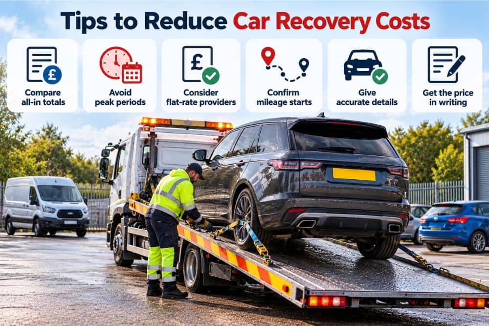 Recovery driver secures vehicle showing tips to reduce car recovery costs