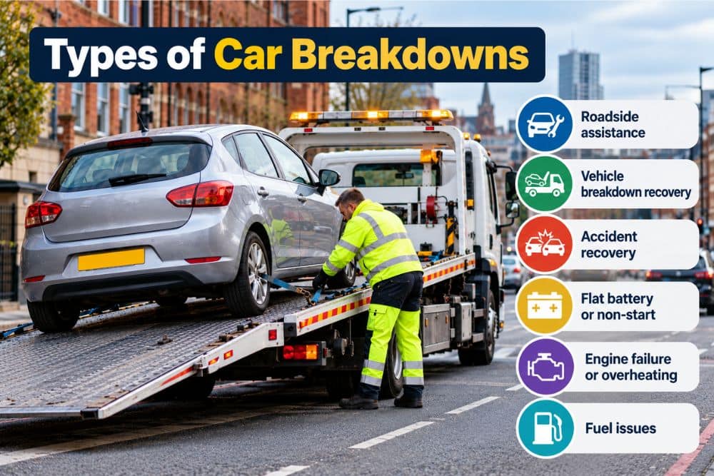 Vehicle recovery operator loading a broken-down family car onto a flatbed recovery truck in Birmingham, with common breakdown types illustrated