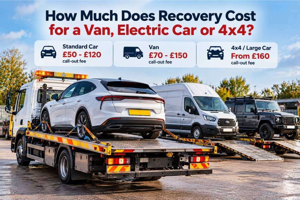 Infographic compares van electric car 4x4 recovery cost rates on flatbeds