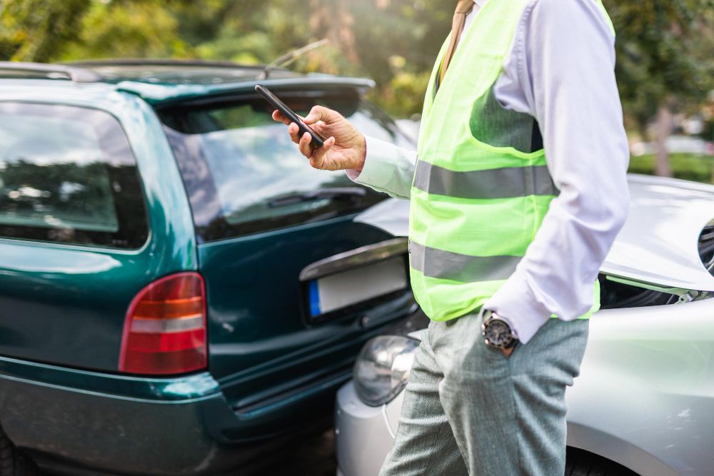 Driver contacting a recovery service beside a car after a breakdown
